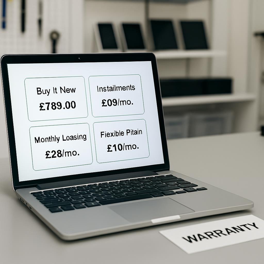 Front of Laptop Screen: Retail price £789.00; four options to pay for a product in monthly installments: • Buy It Now: £78...