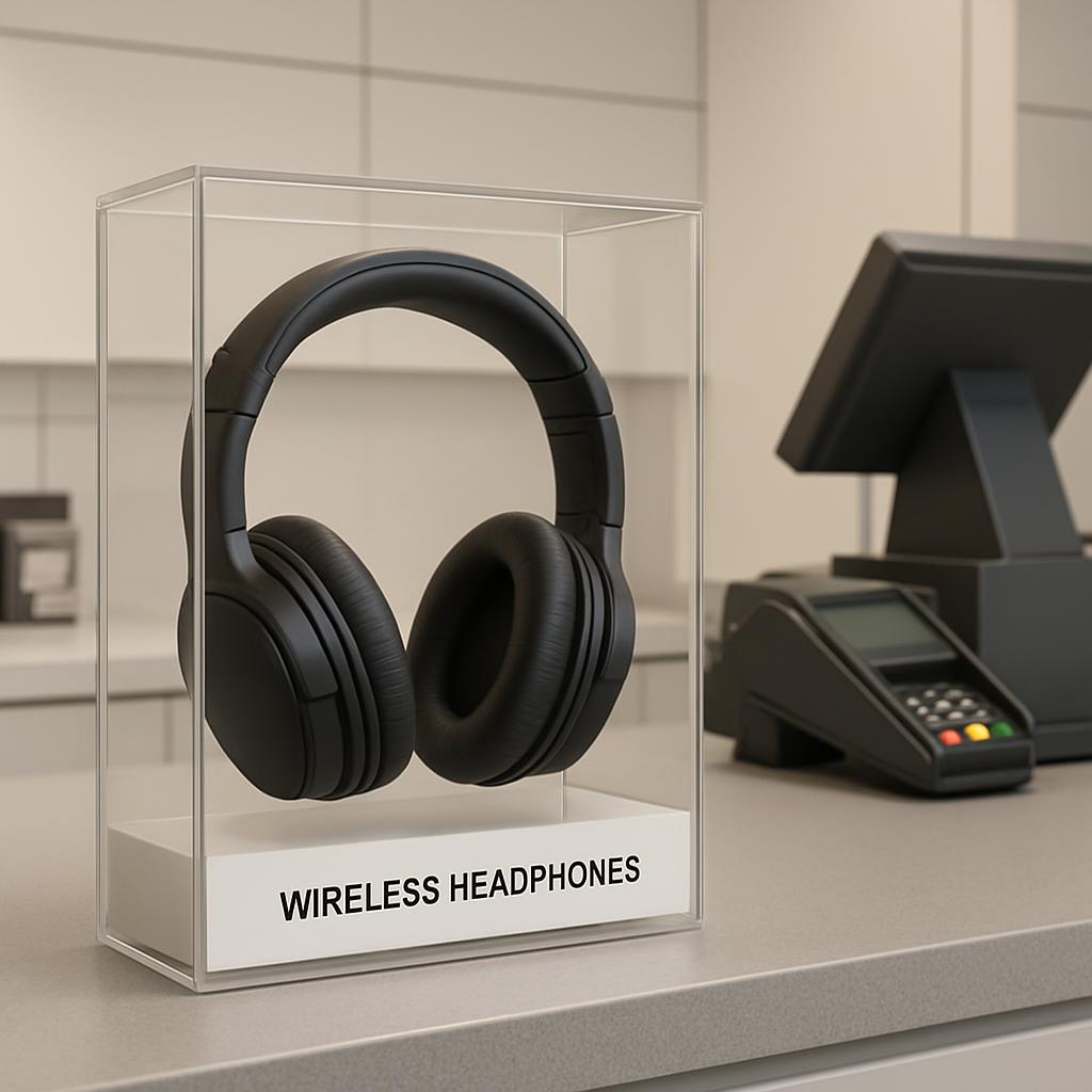 have+a+pair+of+wireless+headphones+on+a+display+case,+with+a+cash+register+in+a+store+cabinet+to+the+rightandExpectciollfo...