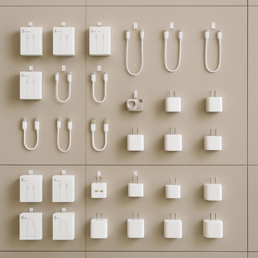 A collection of white electronic accessories, including USB-C cables and wall chargers, displayed on a beige wall.
