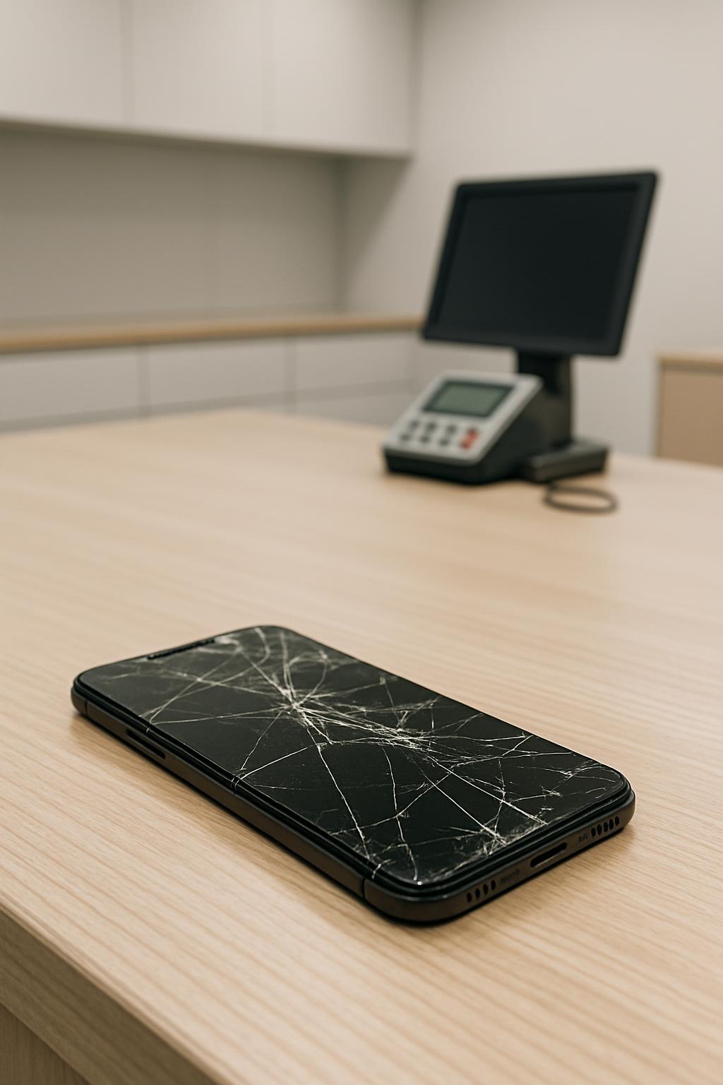 A smartphone with a cracked screen sits on a wooden counter in an office setting, with a blurred phone and monitor visible...